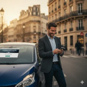 Conducteur français consultant une offre d’assurance auto pas cher sur son smartphone dans une rue urbaine, lumière naturelle et ambiance professionnelle.