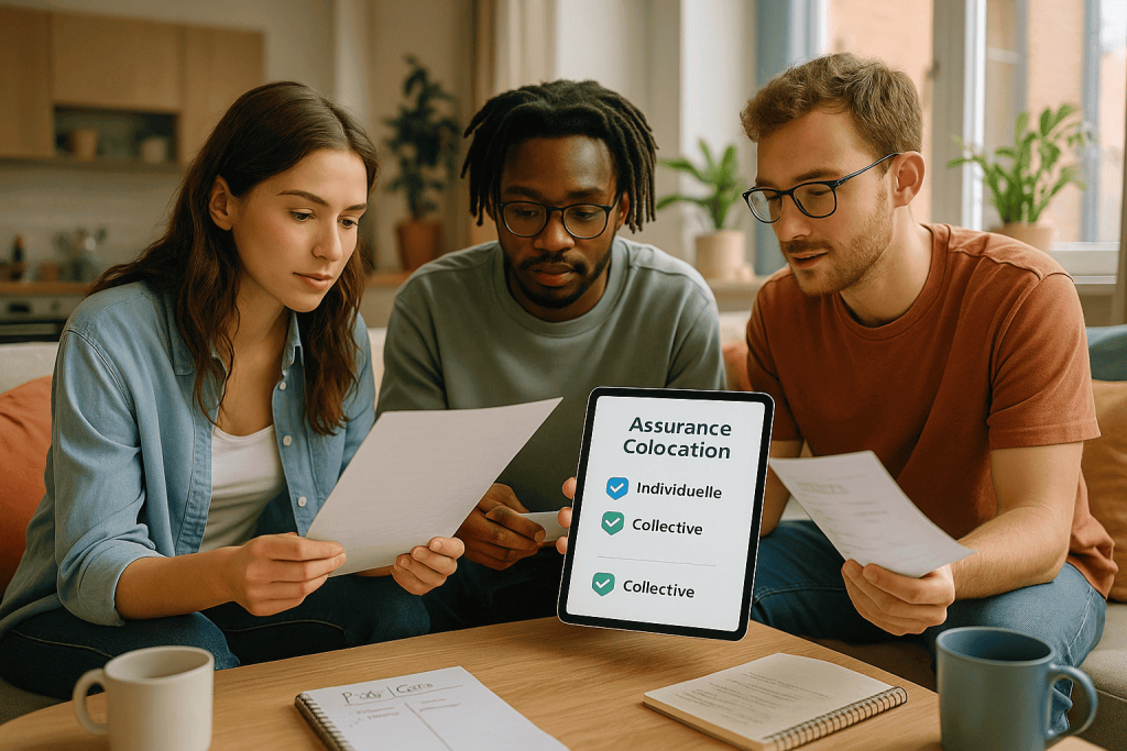 Trois jeunes colocataires discutant ensemble du choix entre assurance collective et individuelle dans leur salon