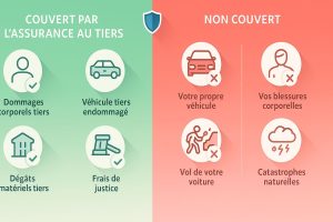 Infographie comparative montrant ce qui est couvert et non couvert par l'assurance auto au tiers en France avec icônes explicatifs