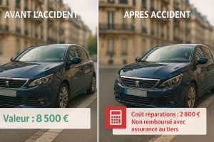 Comparaison avant-après d'une voiture accidentée montrant les coûts de réparation non couverts par l'assurance au tiers