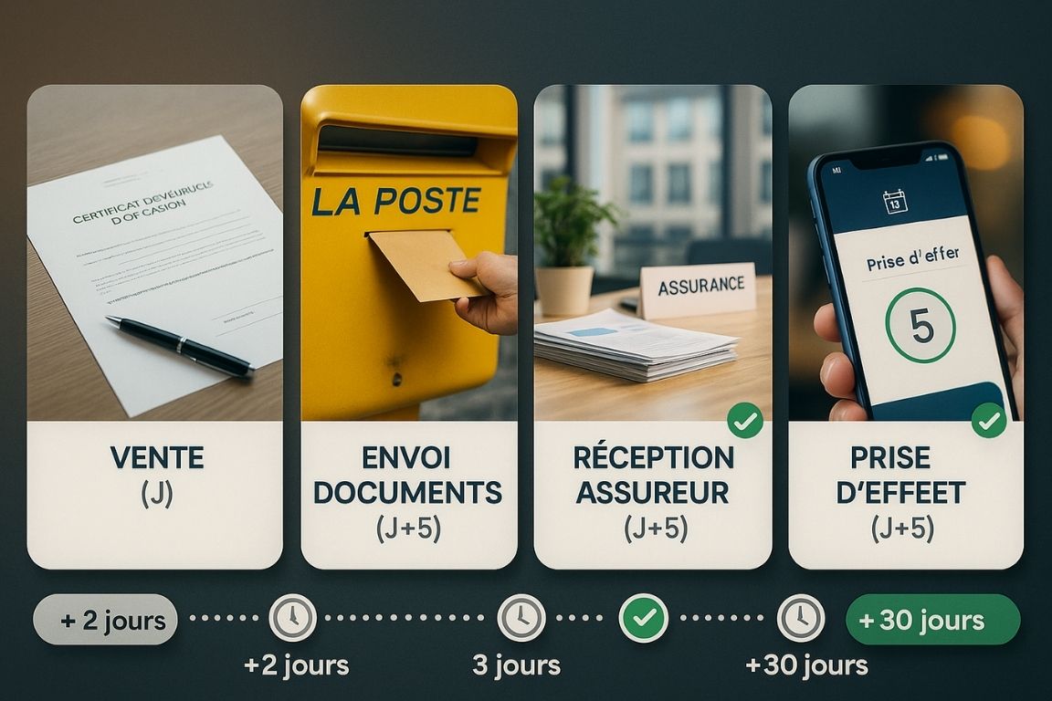 Chronologie détaillée des 5 étapes de résiliation d'assurance automobile suite à une vente de véhicule, du jour de la vente jusqu'au remboursement des cotisations sous 35 jours