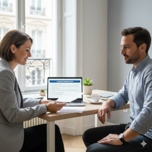 Conseiller et client français en discussion autour d’un bureau moderne pour renégocier un contrat d’assurance auto pas cher.