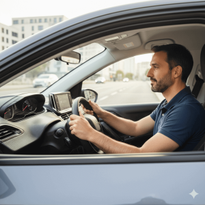 Homme français conduisant prudemment une citadine moderne sur une route urbaine, illustrant les bons comportements qui permettent de garder une assurance voiture pas cher en 2026.