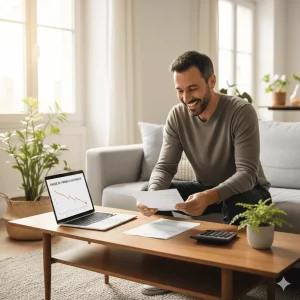 Conducteur français souriant en consultant ses papiers d’assurance auto et un graphique de baisse de prime sur son ordinateur portable, illustrant une assurance voiture pas cher obtenue en 2026.