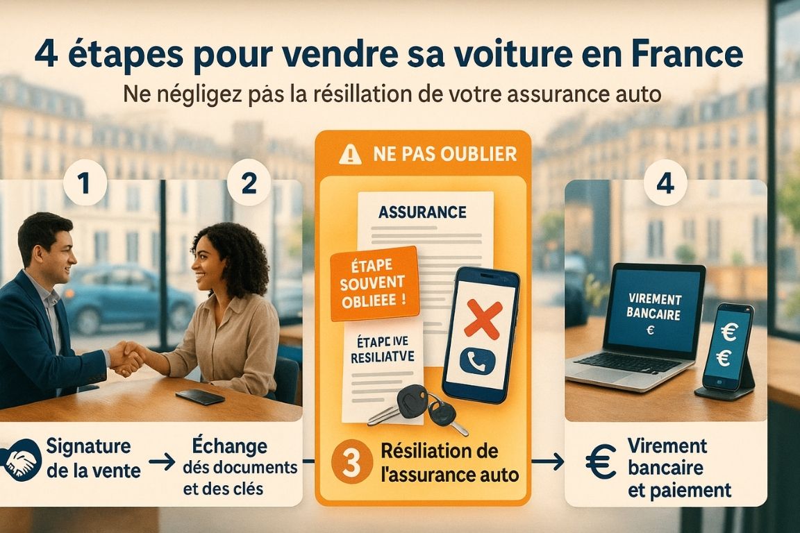 Infographie montrant les 4 étapes de la vente d'un véhicule en France avec mise en évidence de l'étape cruciale de résiliation d'assurance auto souvent oubliée par les vendeurs