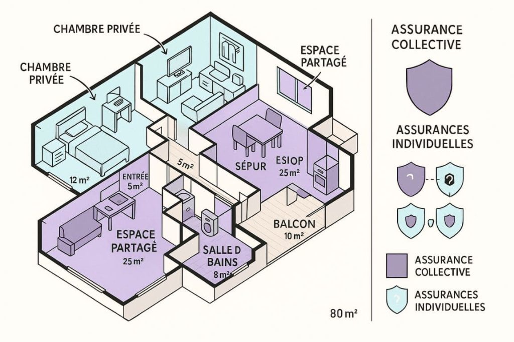 Plan d'appartement en colocation avec zones de couverture d'assurance colorées selon espaces privés et communs