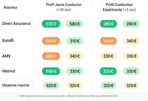 Tableau comparatif des tarifs d'assurance auto au tiers chez les principaux assureurs français selon l'âge du conducteur