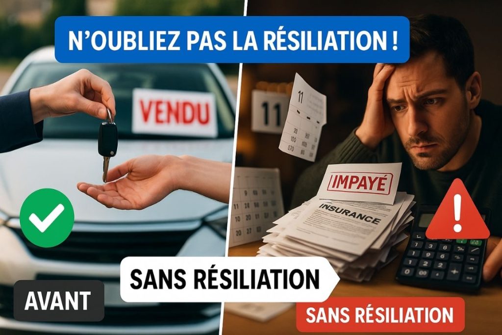 Transaction de vente de véhicule entre deux personnes avec documents d'assurance auto à résilier visibles sur le capot, illustrant l'importance de la résiliation lors de la vente d'une voiture en France