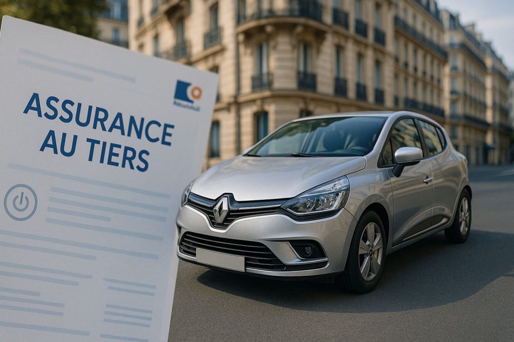 Voiture grise moderne avec document d'assurance au tiers en surimpression, illustrant la couverture minimale d'assurance auto en France