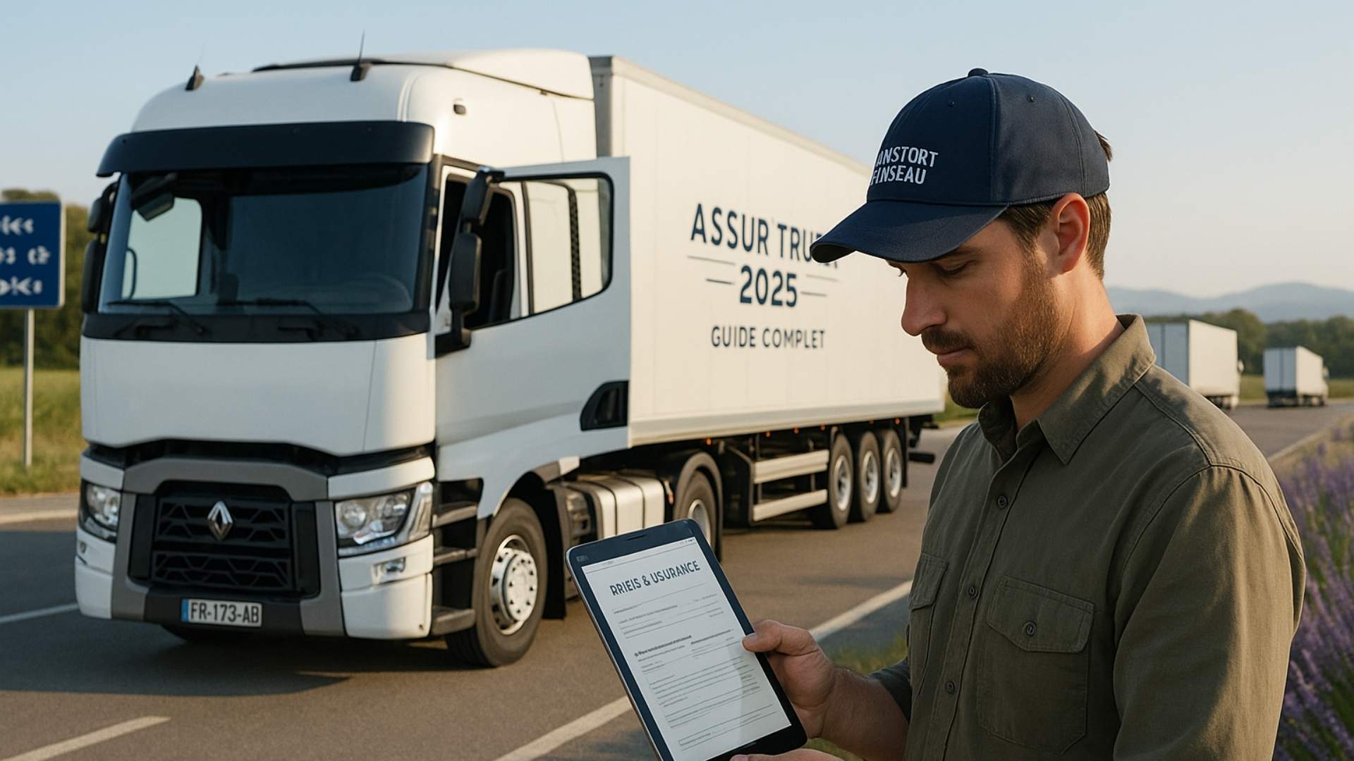Transporteur vérifiant son devis assurance poids lourd au petit matin sur une aire de repos en France – Guide Complet 2025