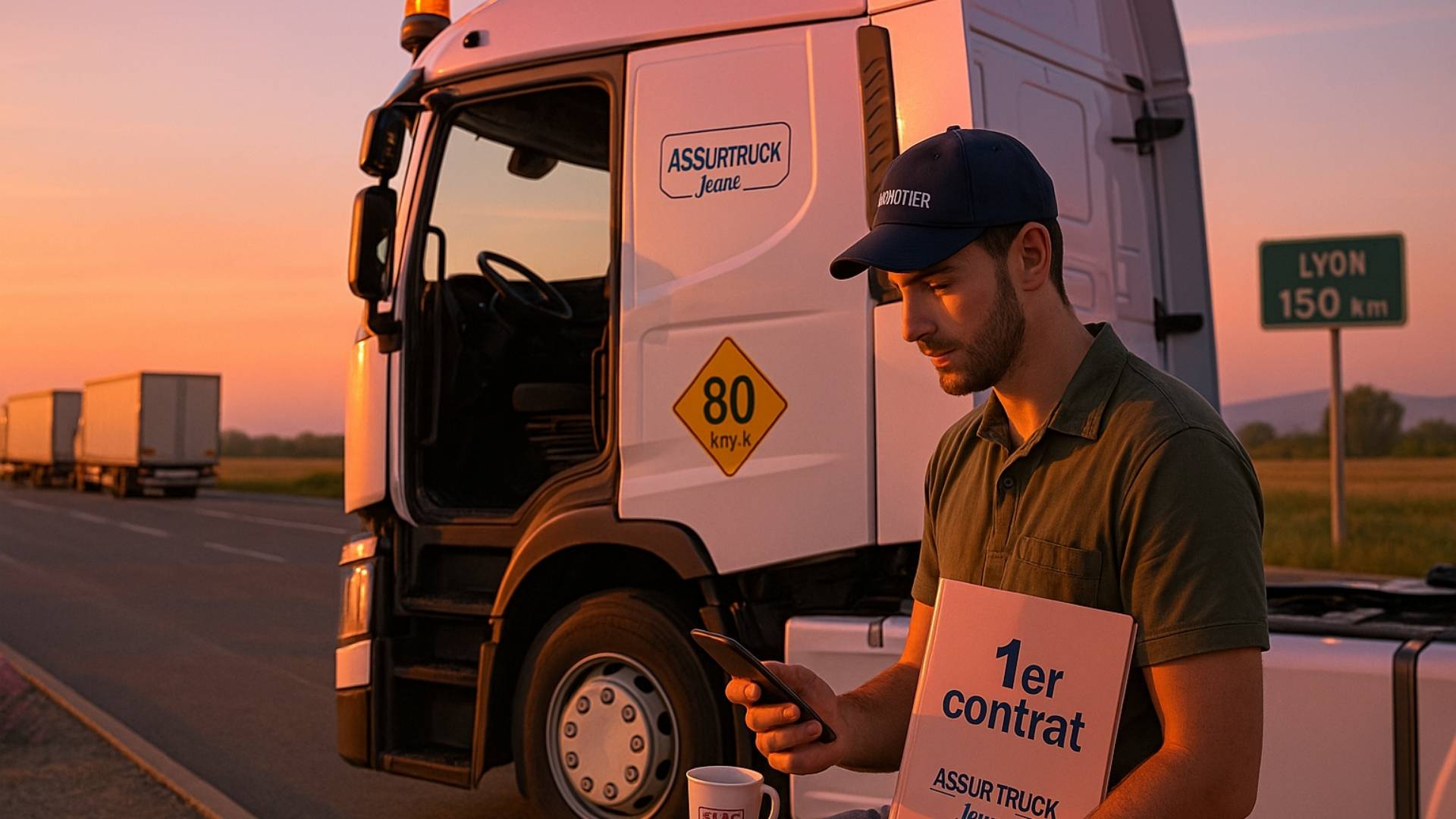 Jeune conducteur de poids lourd consulte son contrat d’assurance au petit matin sur une aire de repos – solutions 2025 pour les profils débutants
