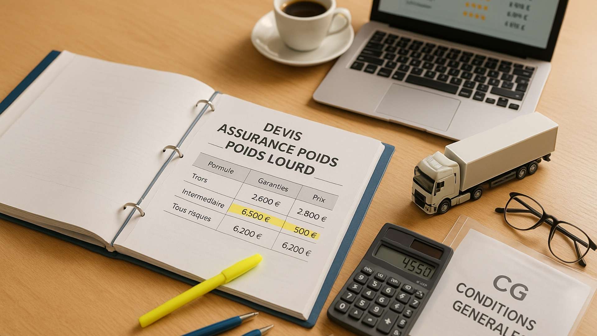 Bureau avec devis assurance poids lourd, calculatrice affichant 4 500 € et camion miniature – comparatif des formules pour bien choisir son contrat