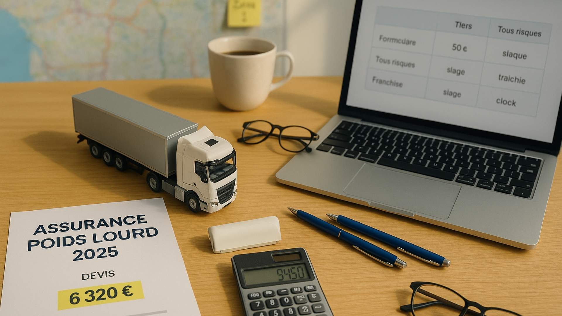 Devis assurance poids lourd sur bureau en bois – calculatrice affichant 5 450 € – comparateur de primes à l’écran