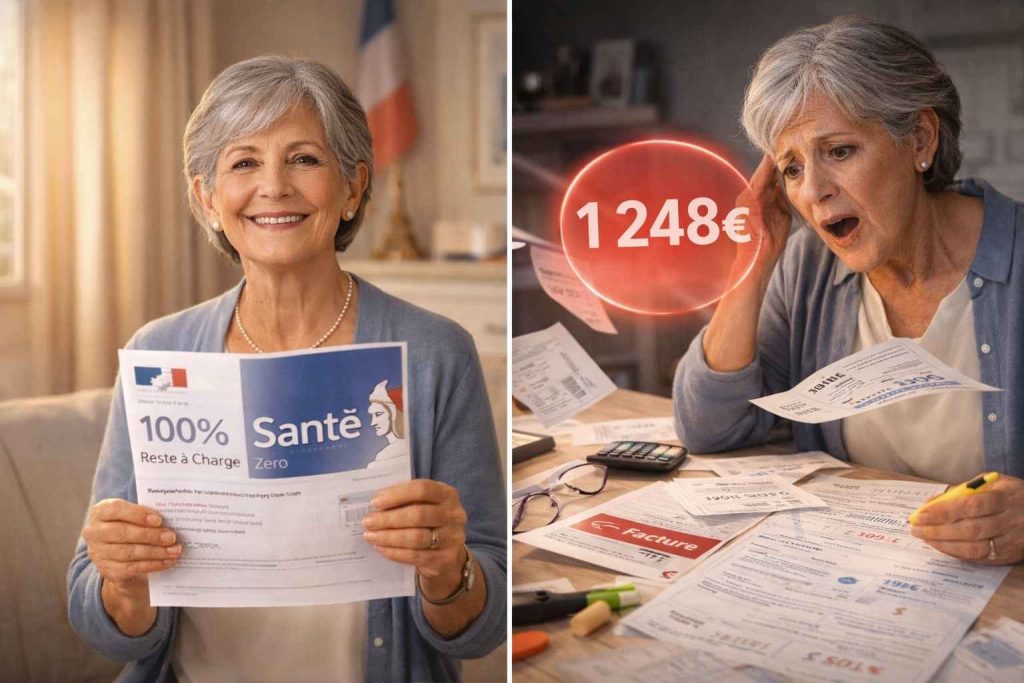 Image avant-après montrant une senior française passant de l'espoir du 100% Santé gratuit à la réalité de 1248 euros de frais cachés payés avec factures et documents