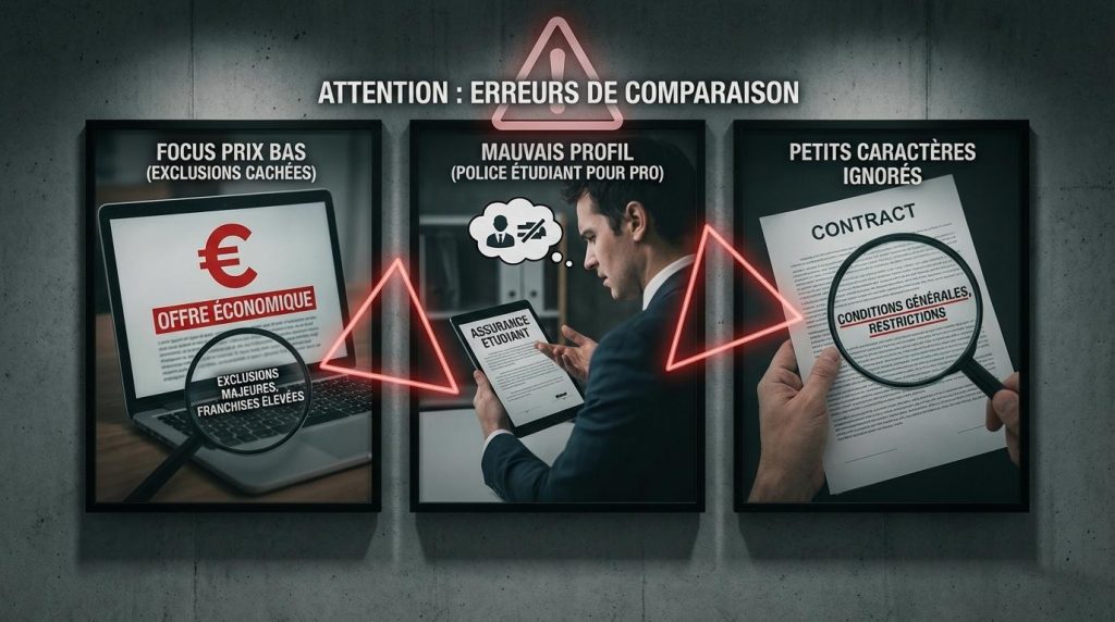 Trois scénarios erreurs comparaison assurance multirisque personne focalisée prix bas profil inadapté et ignorant exclusions petites lignes contrat avec warnings rouges