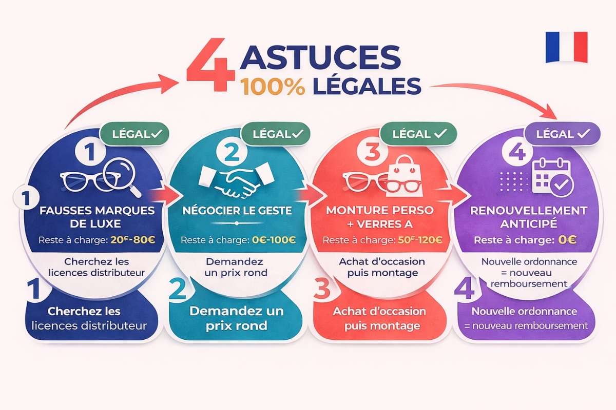 Schéma 4 astuces légales lunettes de marque remboursées 100% Santé reste à charge réduit France