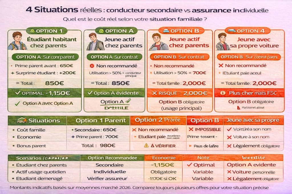 Tableau comparatif 4 scénarios réels assurance jeune : étudiant chez parents économie 1150€ conducteur secondaire, actif usage quotidien assurance propre obligatoire, étudiant déménagé à vérifier, voiture personnelle assurance individuelle obligatoire