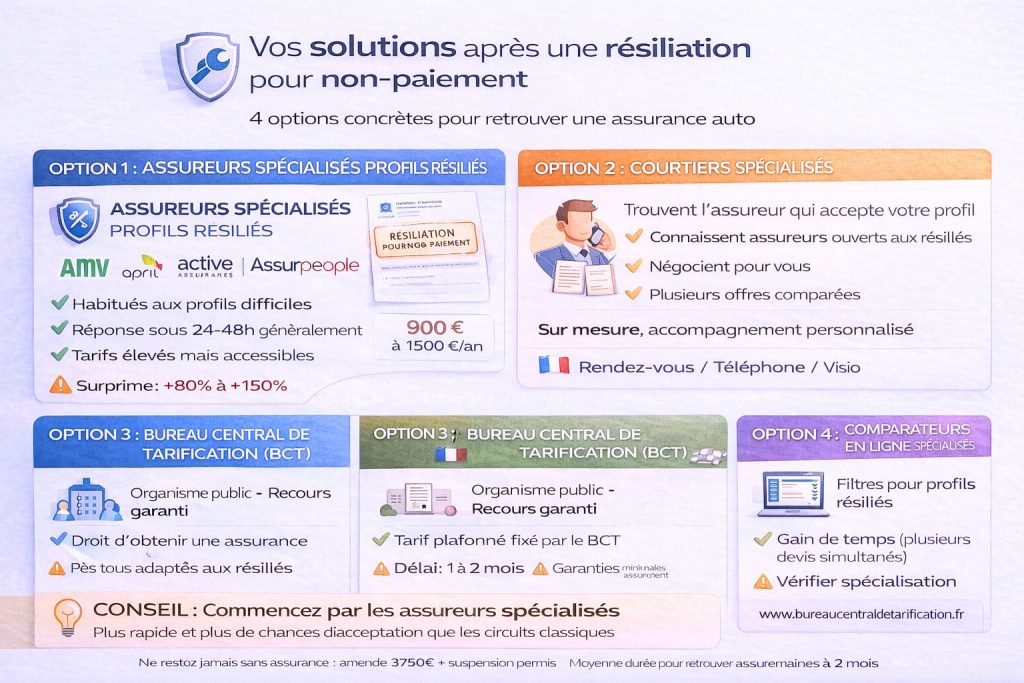 Infographie listant 4 solutions pour retrouver une assurance auto après résiliation pour non-paiement : assureurs spécialisés, courtiers, Bureau Central de Tarification, comparateurs en ligne