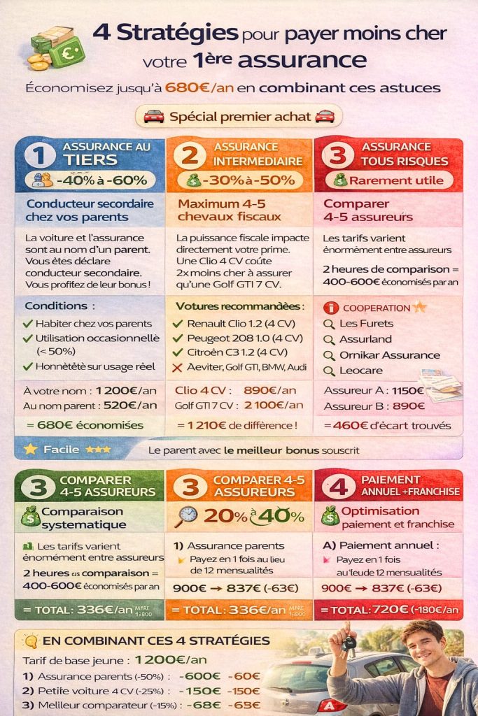 Infographie 4 stratégies économiser première assurance auto jeune : assurance parents -60% économie 680€, voiture 4CV -50%, comparer assureurs -40%, paiement annuel et franchise -15%, cumul possible 864€ par an