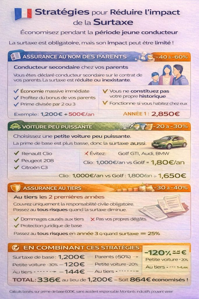 Infographie 5 stratégies réduire surtaxe jeune conducteur : assurance parents -60%, voiture peu puissante -30%, assurance au tiers -40%, boîtier télématique -20%, comparer offres -40%, cumul possible 864€ économies