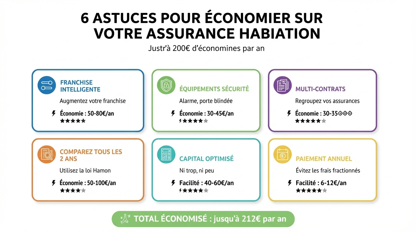 Infographie six astuces économiser assurance habitation franchise équipements sécurité multi-contrats comparaison capital paiement annuel total 212 euros an