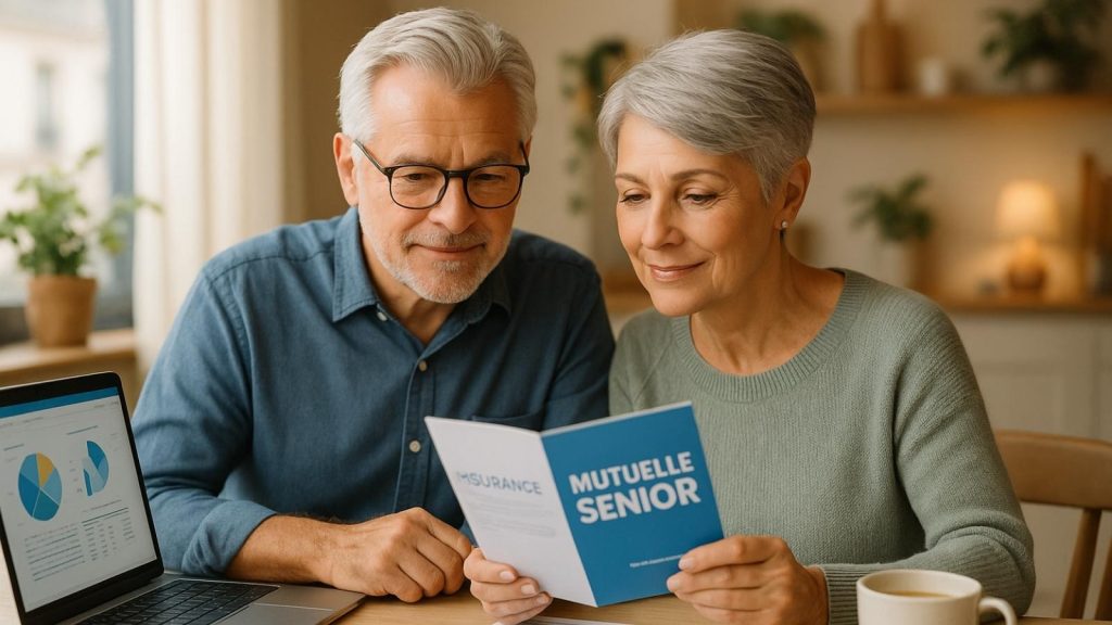 Couple de seniors parisiens comparant sereinement différentes offres de mutuelle santé à domicile avec documents et ordinateur