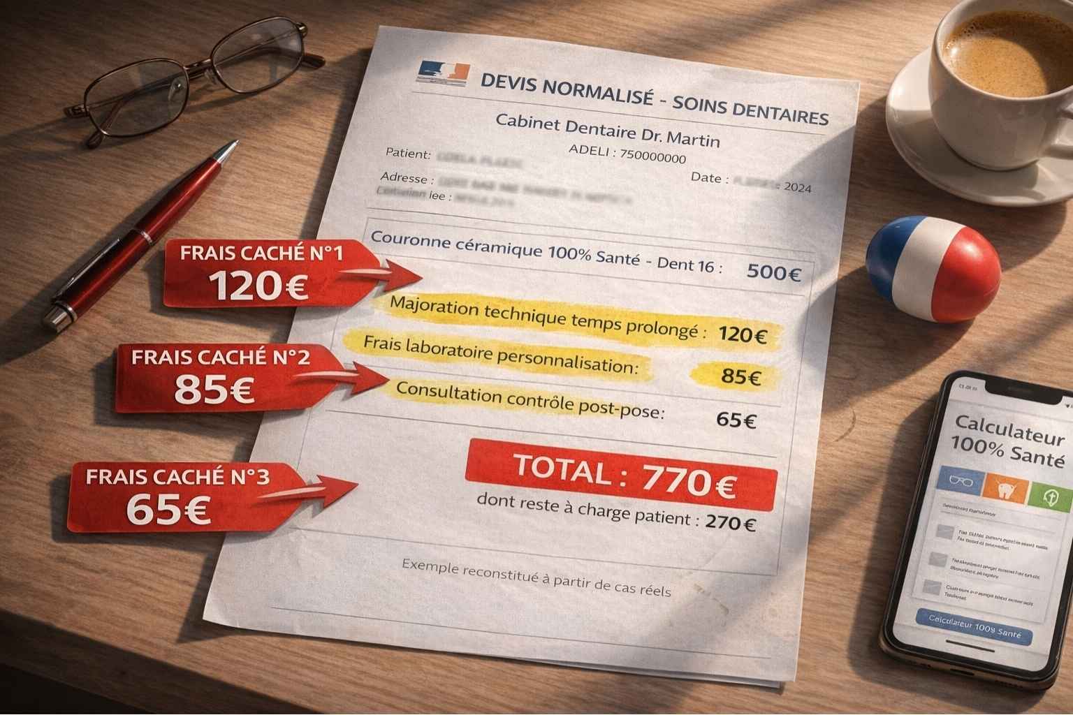 Faux devis dentaire annoté avec flèches rouges révélant trois frais cachés totalisant 270 euros sur une couronne 100% Santé censée être gratuite
