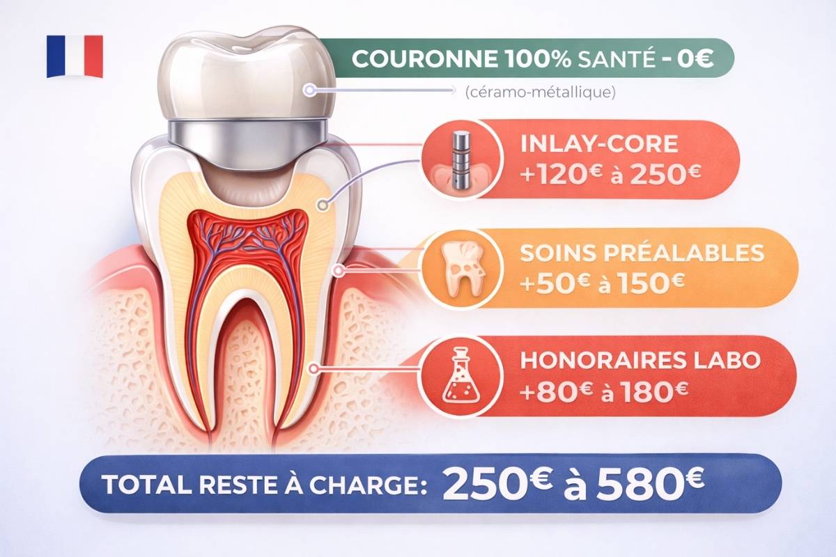  Schéma anatomique dent couronne dentaire 100% Santé trois frais cachés inlay-core soins préalables honoraires laboratoire prix euros