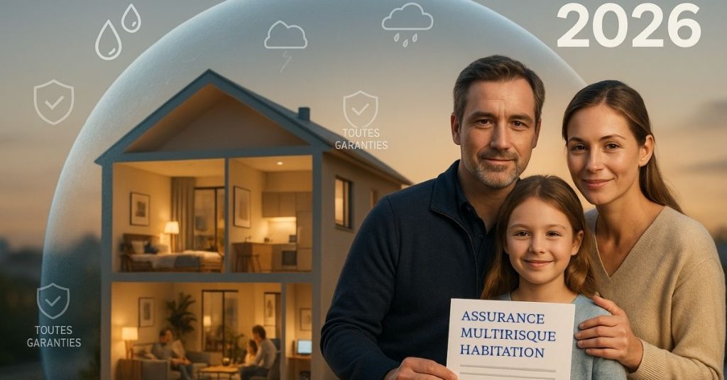 Maison moderne française protégée par bouclier assurance multirisque habitation 2026 avec famille sereine devant domicile couvert contre dégâts eaux incendie vol catastrophes