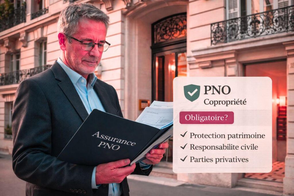Propriétaire non-occupant mature devant immeuble haussmannien consultant documents assurance PNO copropriété