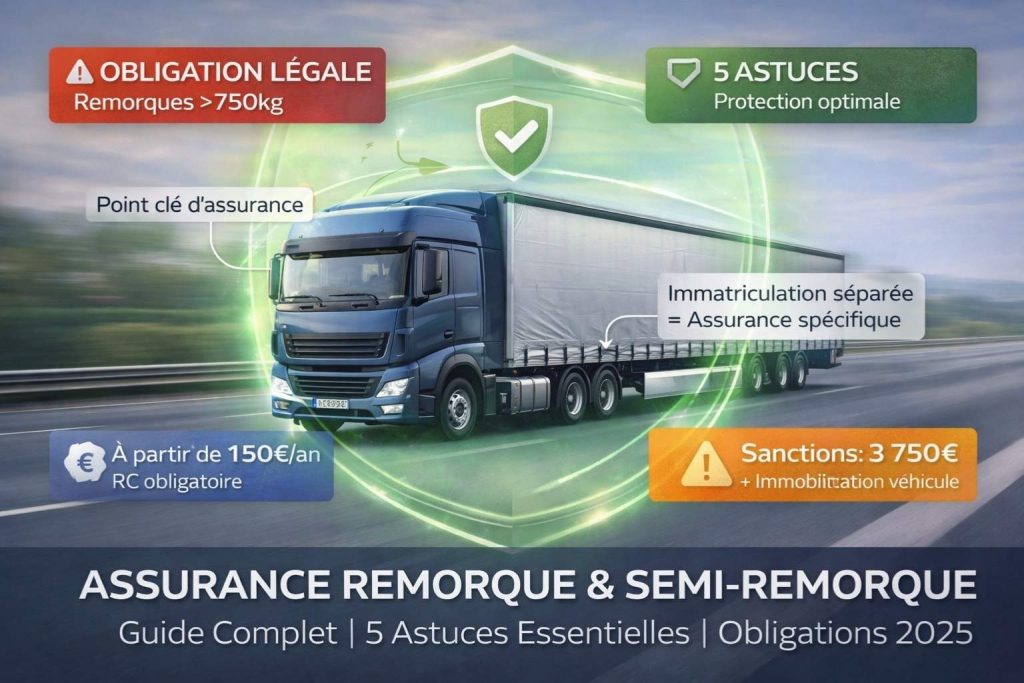 Image mise en avant montrant un ensemble articulé poids lourd complet (semi-tracteur bleu foncé attelé à semi-remorque gris métallisé) sur route autoroutière, entouré d'un bouclier de protection vert translucide symbolisant l'assurance, avec annotations indiquant obligation légale pour remorques supérieures à 750kg, 5 astuces de protection optimale, tarif à partir de 150€ par an pour RC obligatoire, et sanctions de 3 750€ plus immobilisation véhicule en cas de défaut, titre "Assurance Remorque et Semi-Remorque Guide Complet 5 Astuces Essentielles Obligations 2025" en bandeau bleu foncé semi-transparent, avec icônes professionnelles document carte grise balance justice bouclier euro et camion remorque stylisé.