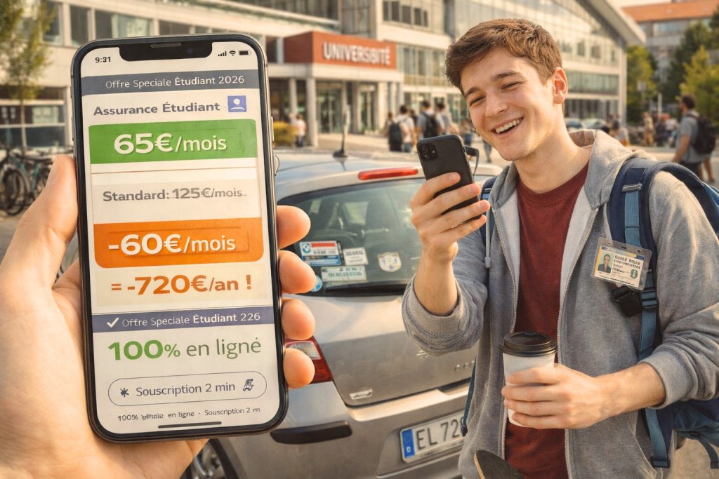Étudiant souriant près voiture d'occasion avec smartphone montrant comparatif assurance étudiant 65€ par mois au lieu de 125€ économie 720€ par an offres spéciales 2026