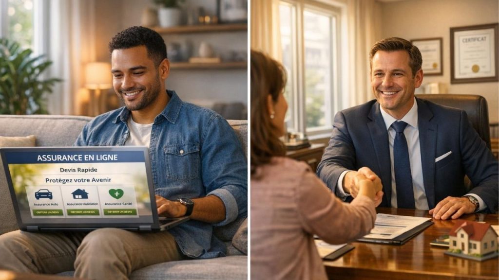 Comparaison visuelle entre souscription assurance habitation en ligne sur ordinateur et consultation en agence physique avec conseiller
