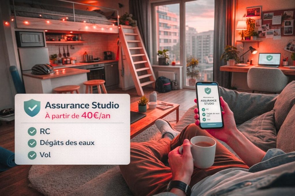 Jeune locataire dans studio urbain moderne consultant attestation d'assurance habitation sur smartphone
