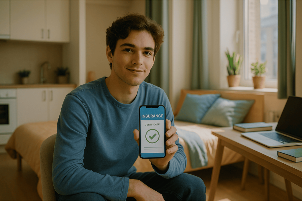 Étudiant souriant dans son studio meublé consultant son attestation d'assurance habitation sur smartphone
