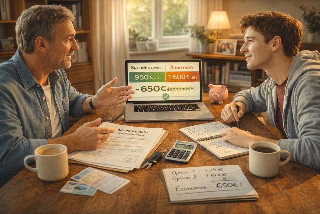 Parent et jeune adulte discutant assurance auto autour table avec ordinateur montrant comparaison conducteur secondaire 950€ versus assurance propre 1600€ économie 650€ par an