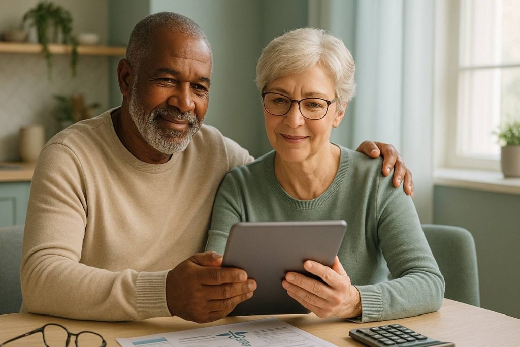 Couple de seniors souriants consultant une tablette pour anticiper leur budget santé à la retraite et réduire leurs frais médicaux