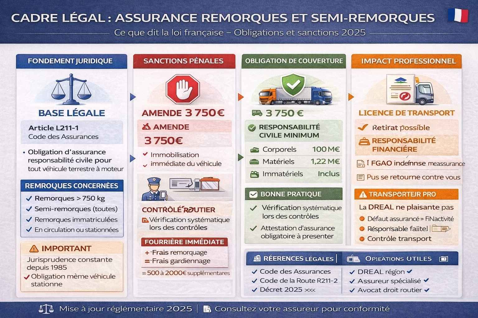 Infographie juridique professionnelle en quatre colonnes présentant le cadre légal français de l'assurance obligatoire pour remorques et semi-remorques : première colonne bleue détaillant le fondement juridique avec article L211-1 du Code des Assurances imposant responsabilité civile obligatoire pour véhicules terrestres à moteur, jurisprudence constante depuis 1985, obligation concernant remorques de plus de 750 kg, toutes semi-remorques immatriculées, véhicules en circulation ou stationnés ; deuxième colonne rouge exposant les sanctions pénales incluant amende de 3 750 euros en très gros caractères, immobilisation immédiate du véhicule, confiscation possible de la remorque, suspension du permis de conduire, paiement des frais de fourrière de 500 à 2 000 euros supplémentaires, vérification systématique lors des contrôles routiers avec présentation obligatoire de l'attestation d'assurance ; troisième colonne verte détaillant l'obligation de couverture avec tableau des plafonds minimums de responsabilité civile (100 millions d'euros pour dommages corporels, 1,22 million d'euros pour dommages matériels), distinction entre remorques légères de moins de 750 kg généralement couvertes par le tracteur, remorques lourdes de plus de 750 kg nécessitant déclaration spécifique, et toutes semi-remorques requérant assurance obligatoire séparée ou mentionnée, avec conseil de vérifier attestation carte verte et obtenir confirmation écrite de l'assureur ; quatrième colonne orange présentant les conséquences professionnelles incluant retrait possible de la licence de transport par la DREAL, suspension immédiate de l'activité, perte de clients et contrats, fin d'exploitation possible, contrôles DREAL renforcés, inscription au registre des infractions, délai de récupération de 6 à 12 mois, responsabilité financière totale en cas d'accident sans assurance avec remboursement au FGAO Fonds de Garantie des Assurances Obligatoires pouvant atteindre 50 000 à 500 000 euros à payer de sa poche, avertissement que la DREAL ne plaisante pas et que défaut d'assurance équivaut à fin d'activité pour les transporteurs professionnels ; footer informatif avec références légales Code des Assurances L211-1 Code de la Route R211-2, vérifications obligatoires attestation carte grise contrôle technique plaque immatriculation, contacts utiles DREAL assureur courtier avocat droit routier, mise à jour réglementaire 2025.