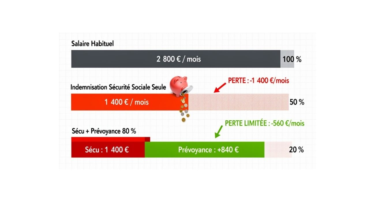 Schéma de calcul montrant la différence d'indemnisation en arrêt de travail avec et sans assurance prévoyance complémentaire