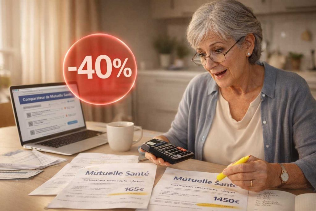 Senior femme calculant ses économies potentielles de mutuelle santé avec documents et calculatrice montrant -40% d'économies possibles