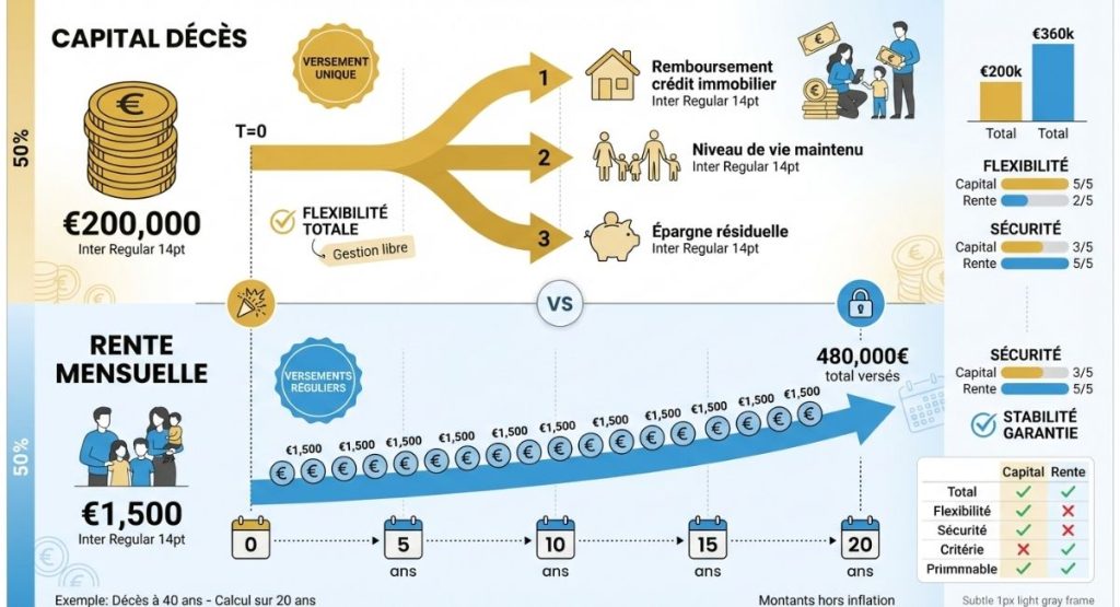 Schéma timeline comparant versement capital décès unique de 200 000 € versus rente mensuelle de 1 500 € sur 20 ans