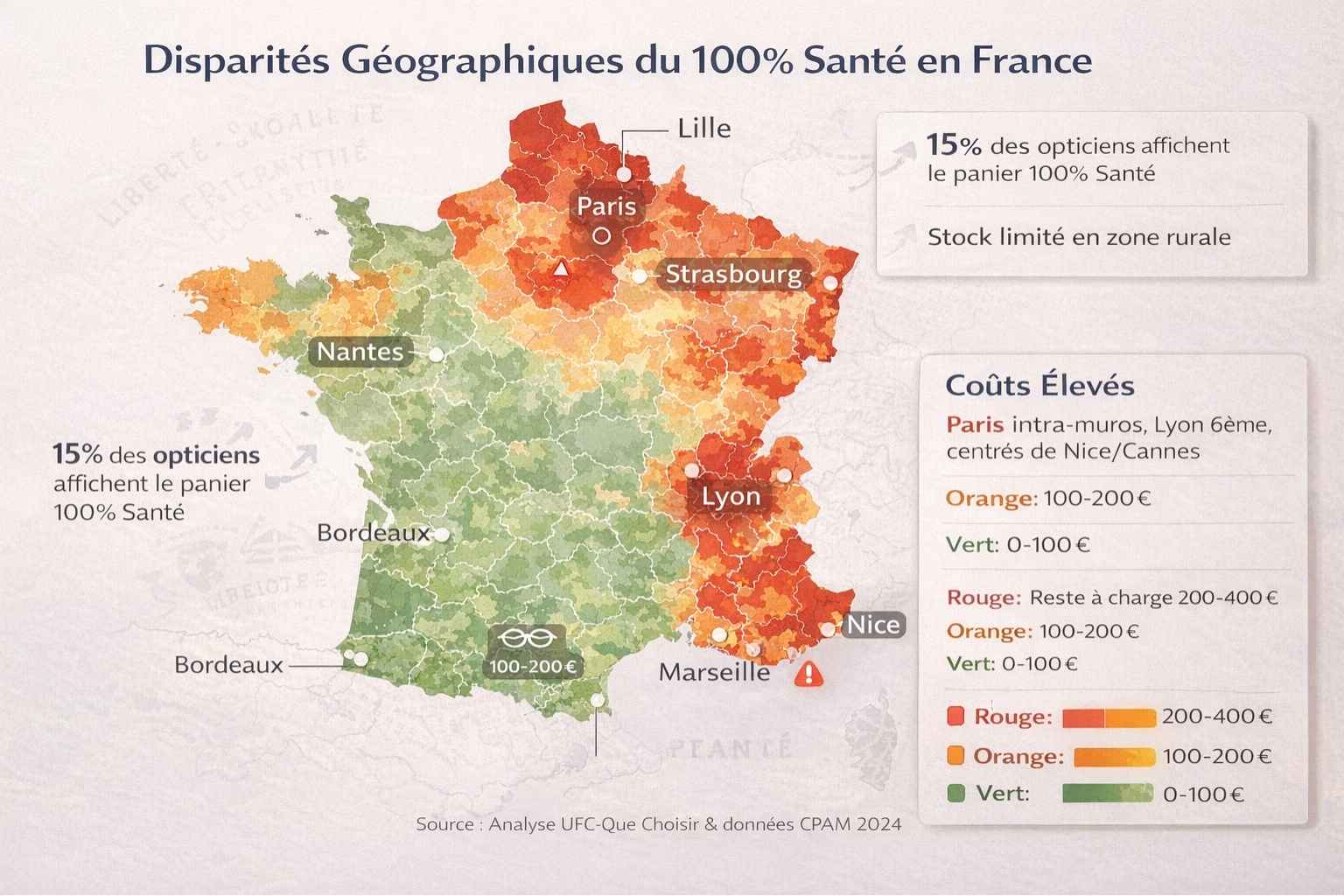 Carte de France montrant les disparités régionales de coûts du 100% Santé avec Paris et grandes métropoles en rouge (coûts élevés), villes moyennes en orange et zones rurales en vert