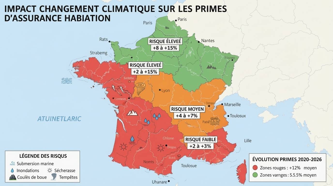 Carte France zones risques climatiques assurance habitation rouge côtes risque élevé orange moyen vert faible avec augmentation primes 2020-2026 par région