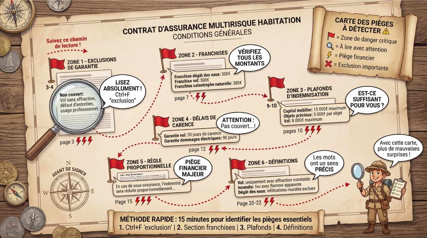 Schéma carte trésor contrat assurance multirisque avec drapeaux rouges marquant zones danger exclusions franchises plafonds carence règle proportionnelle et loupe agrandie sections critiques