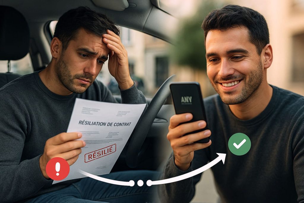 Conducteur stressé tenant lettre de résiliation d'assurance auto trouvant solution rapidement avec nouveau contrat validé en 72 heures chez assureur spécialisé