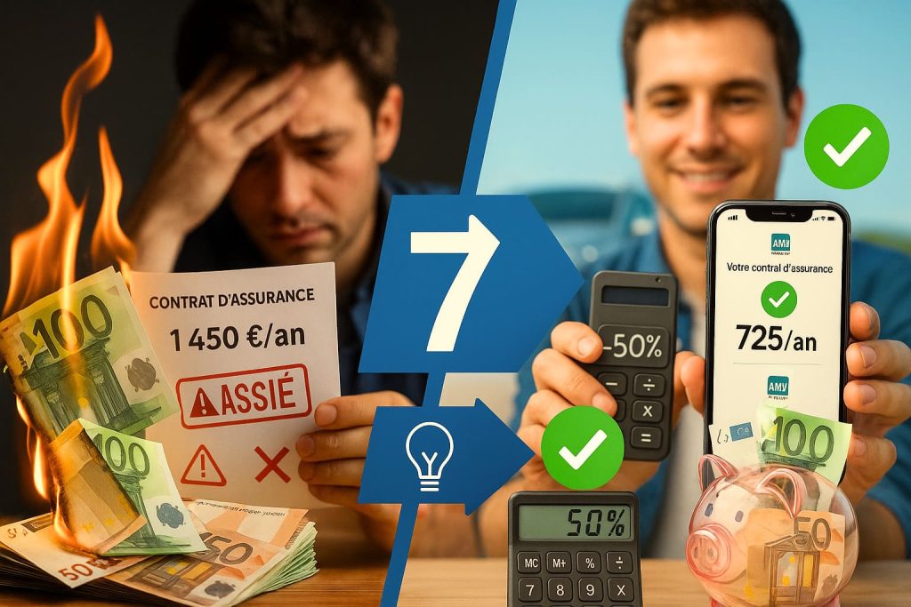Comparaison visuelle avant-après montrant réduction de 50% du coût d'assurance auto de 1450€ à 725€ grâce aux 7 astuces d'optimisation en France 2026