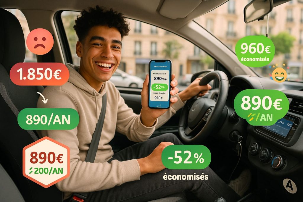Jeune conducteur souriant dans voiture montrant smartphone avec assurance auto à 890€ au lieu de 1850€, économie de 52% pour jeune permis