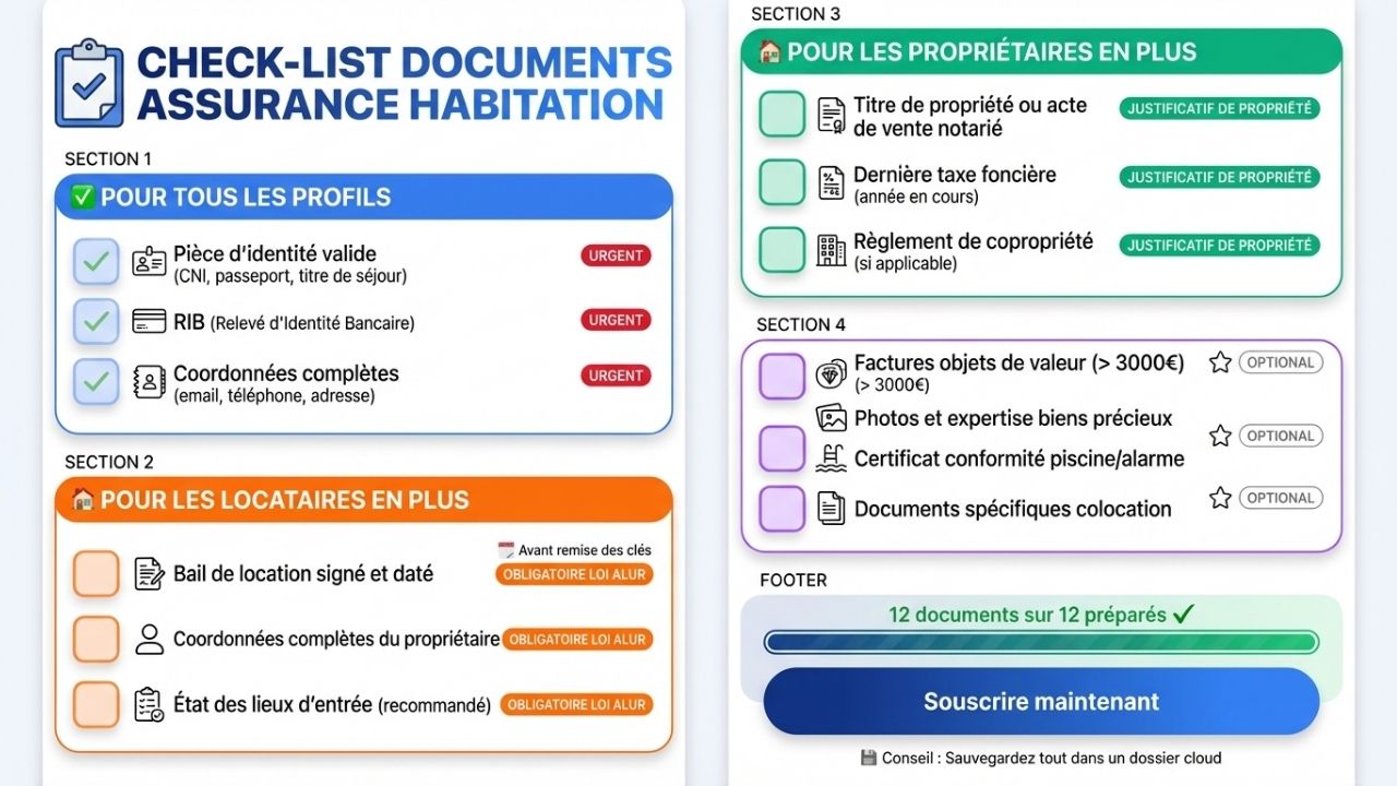 Check-list complète documents souscription assurance habitation par catégorie tous locataires propriétaires situations particulières avec cases cocher