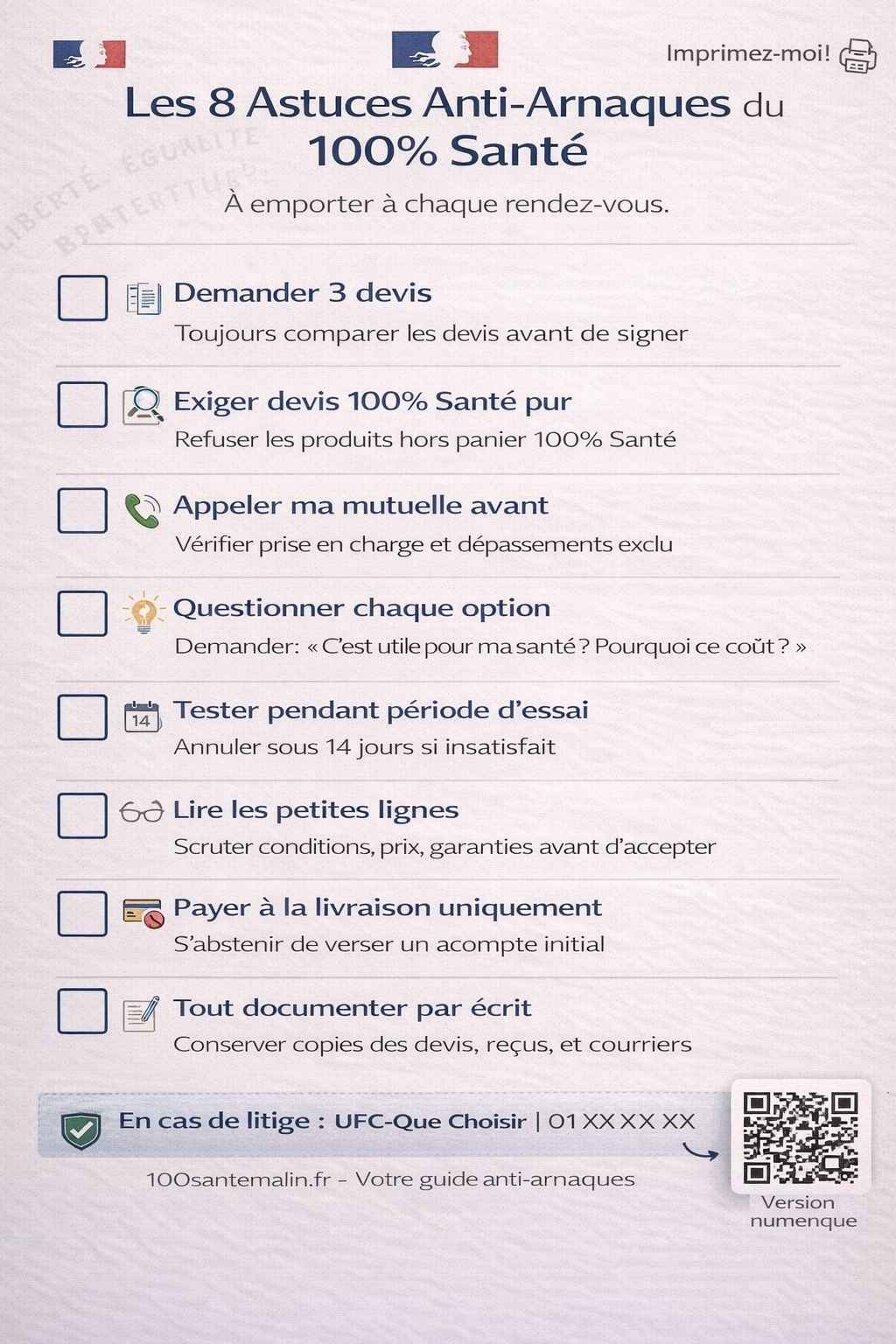 Checklist imprimable des 8 astuces anti-arnaques pour le 100% Santé avec cases à cocher, icônes et descriptions pour chaque conseil pratique