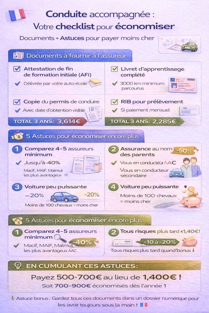 Checklist documents conduite accompagnée pour assurance auto : AFI, livret apprentissage, permis, RIB, carte grise plus 5 astuces économies cumulables jusqu'à 900€ première année